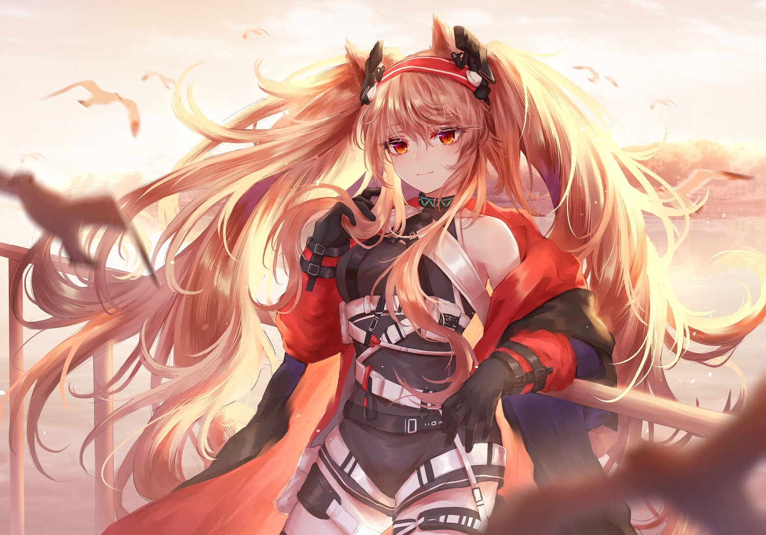 angelina_(arknights), animal, animal_ears, arknights, bird, clouds, foxgirl, gloves, long_hair, orange_eyes, orange_hair, shorts, takano_jiyuu, twintails, water