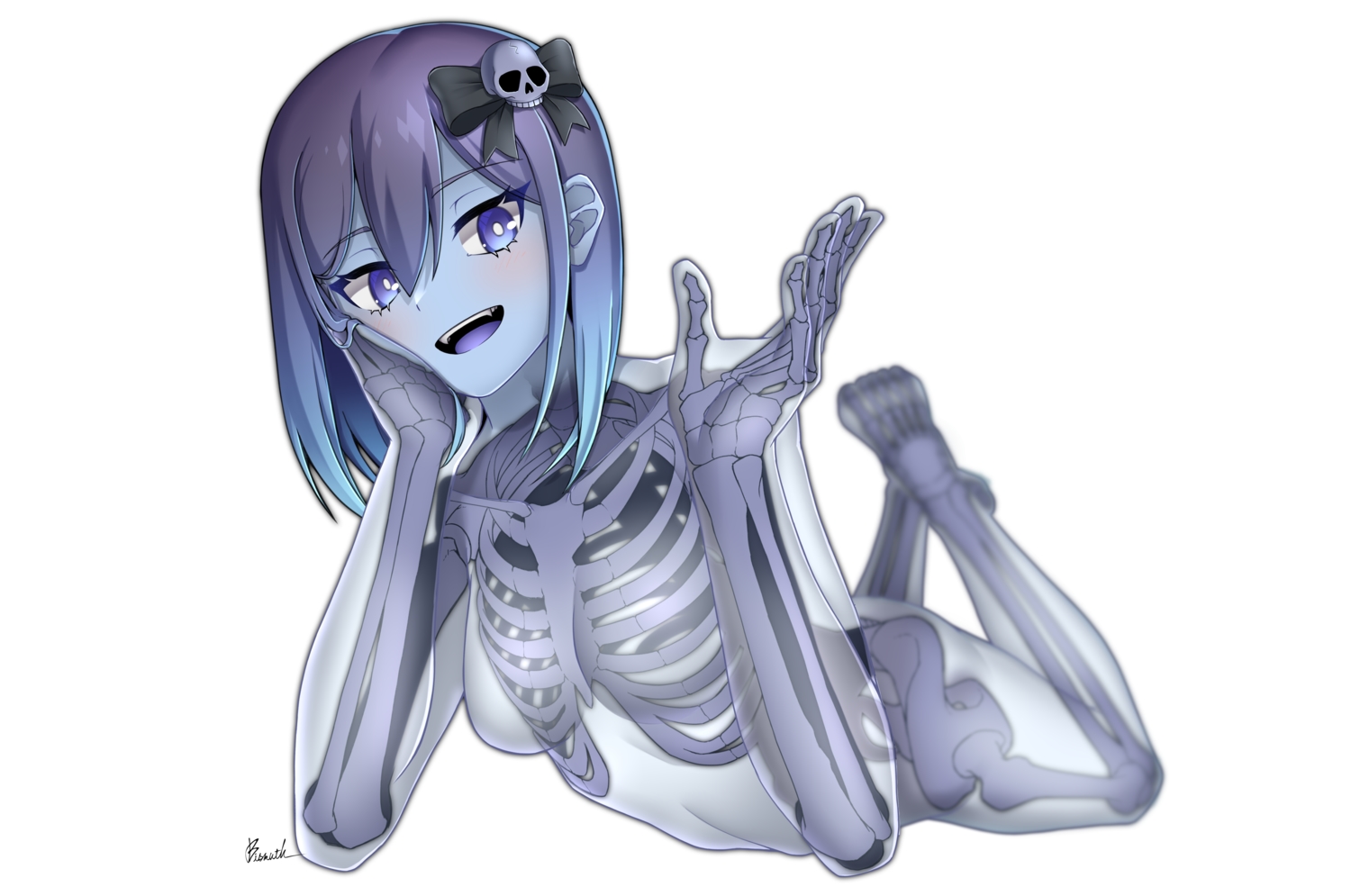 barefoot, blue_eyes, blue_hair, blush, bones, breasts, fang, nude, original, paravene, short_hair, signed, white