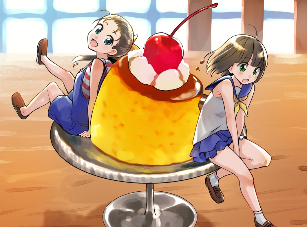2girls, blush, bow, brown_hair, cherry, cropped, food, fruit, green_eyes, loli, niina_ryou, original, ponytail, short_hair, shorts, skirt, socks, waifu2x
