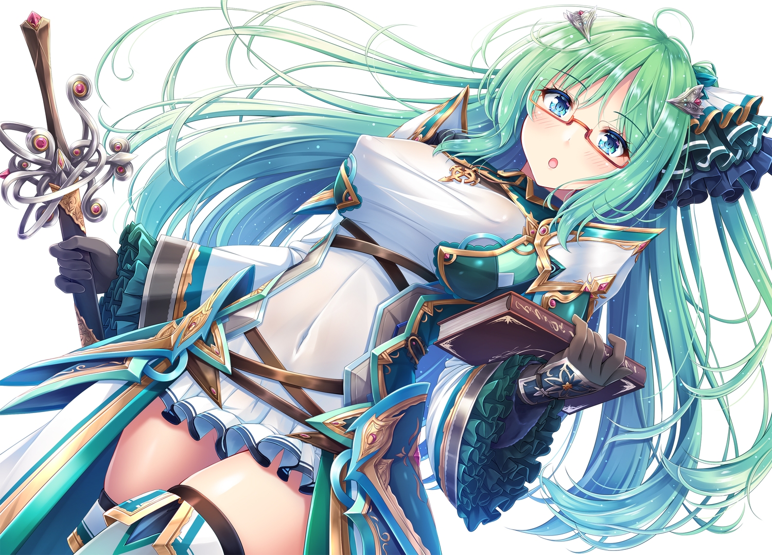 akashio_(loli_ace), aqua_eyes, book, dress, erect_nipples, glasses, gloves, green_hair