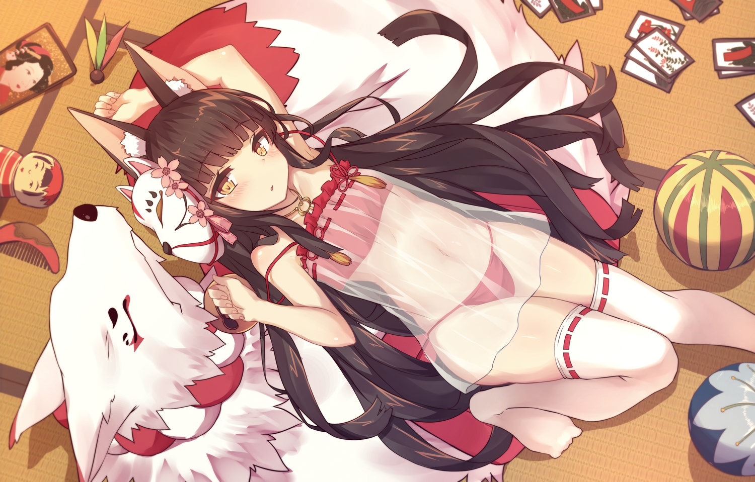 animal, animal_ears, anthropomorphism, azur_lane, ball, blush, brown_hair, doll, fox, foxgirl, loli, lolikaku, long_hair, nagato_(azur_lane), navel, panties, see_through, thighhighs, underwear, yellow_eyes, zettai_ryouiki