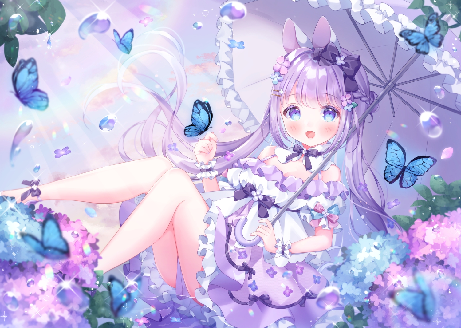 animal_ears, aqua_eyes, bow, bunny_ears, butterfly, flowers, lolita_fashion, long_hair, omochi_monaka, original, purple_hair, rainbow, twintails, umbrella, water