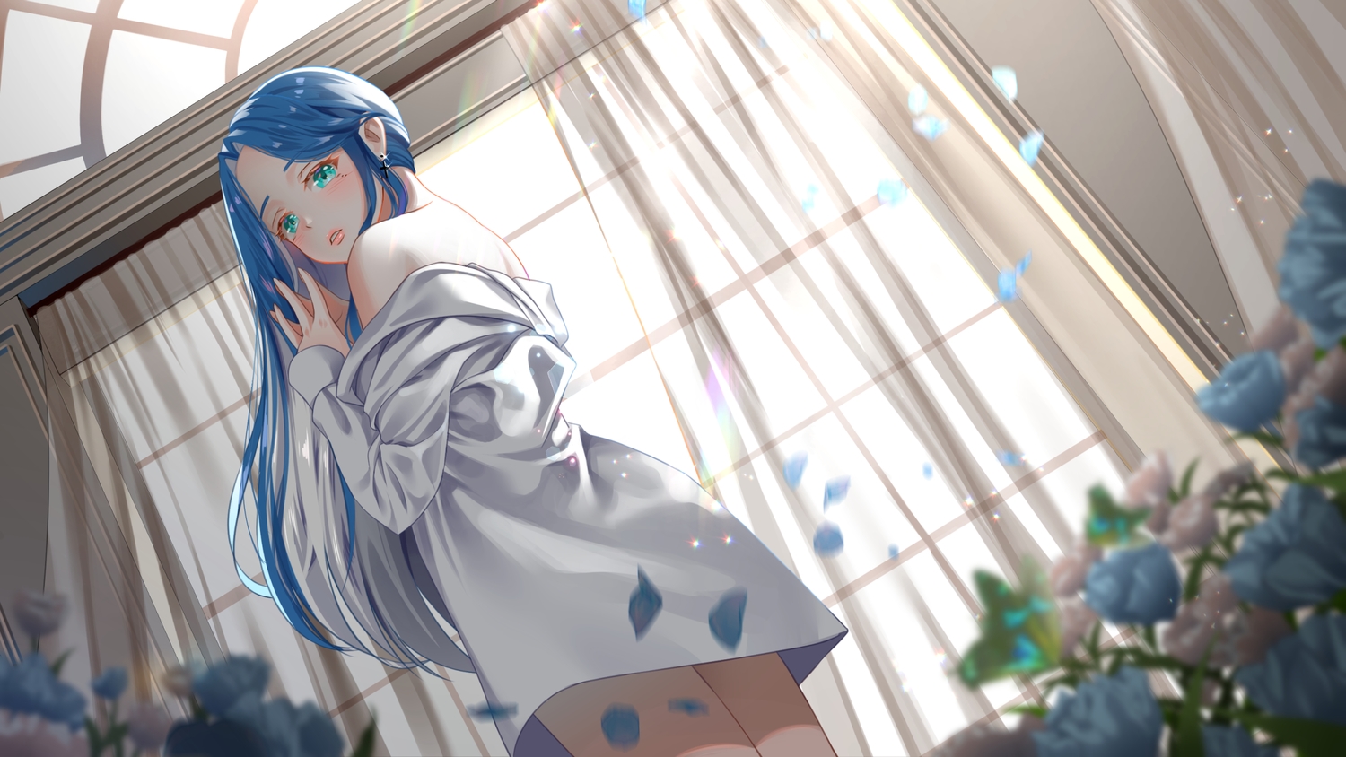 aqua_eyes, blue_hair, blush, flowers, gonzz_(gon2rix), long_hair, original, rose
