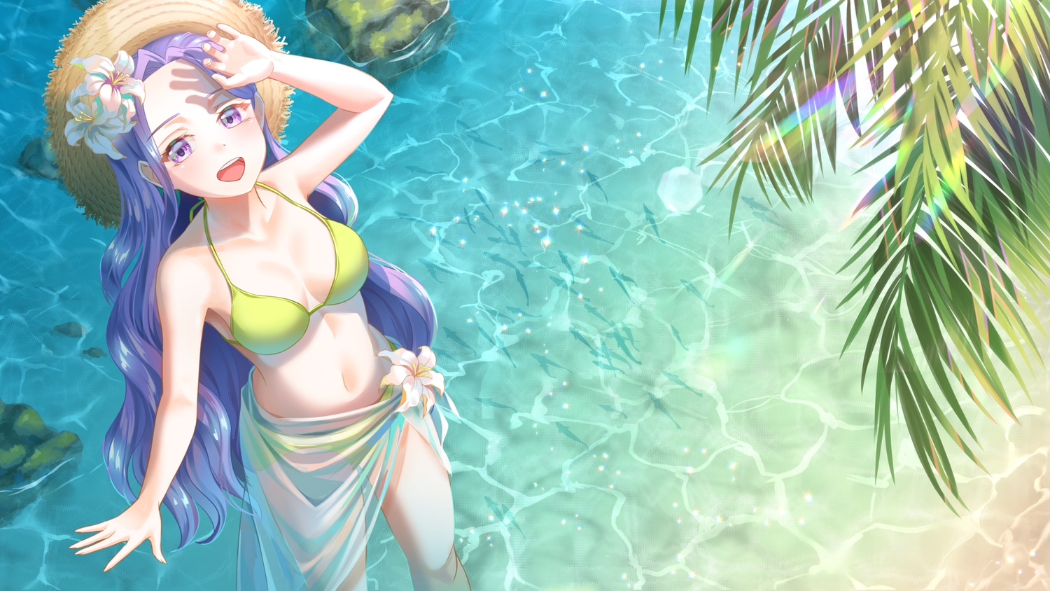 animal, bikini, fish, flowers, gonzz_(gon2rix), hat, long_hair, navel