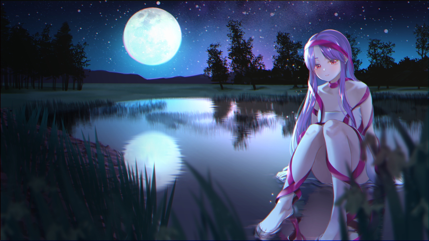 dress, gonzz_(gon2rix), grass, long_hair, moon, night, original, purple_hair, red_eyes, reflection, ribbons, scenic, sky, water