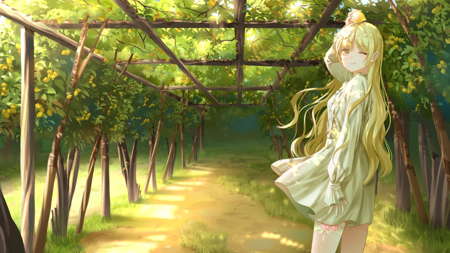 blonde_hair, dress, food, fruit, gonzz_(gon2rix), grass, green, leaves