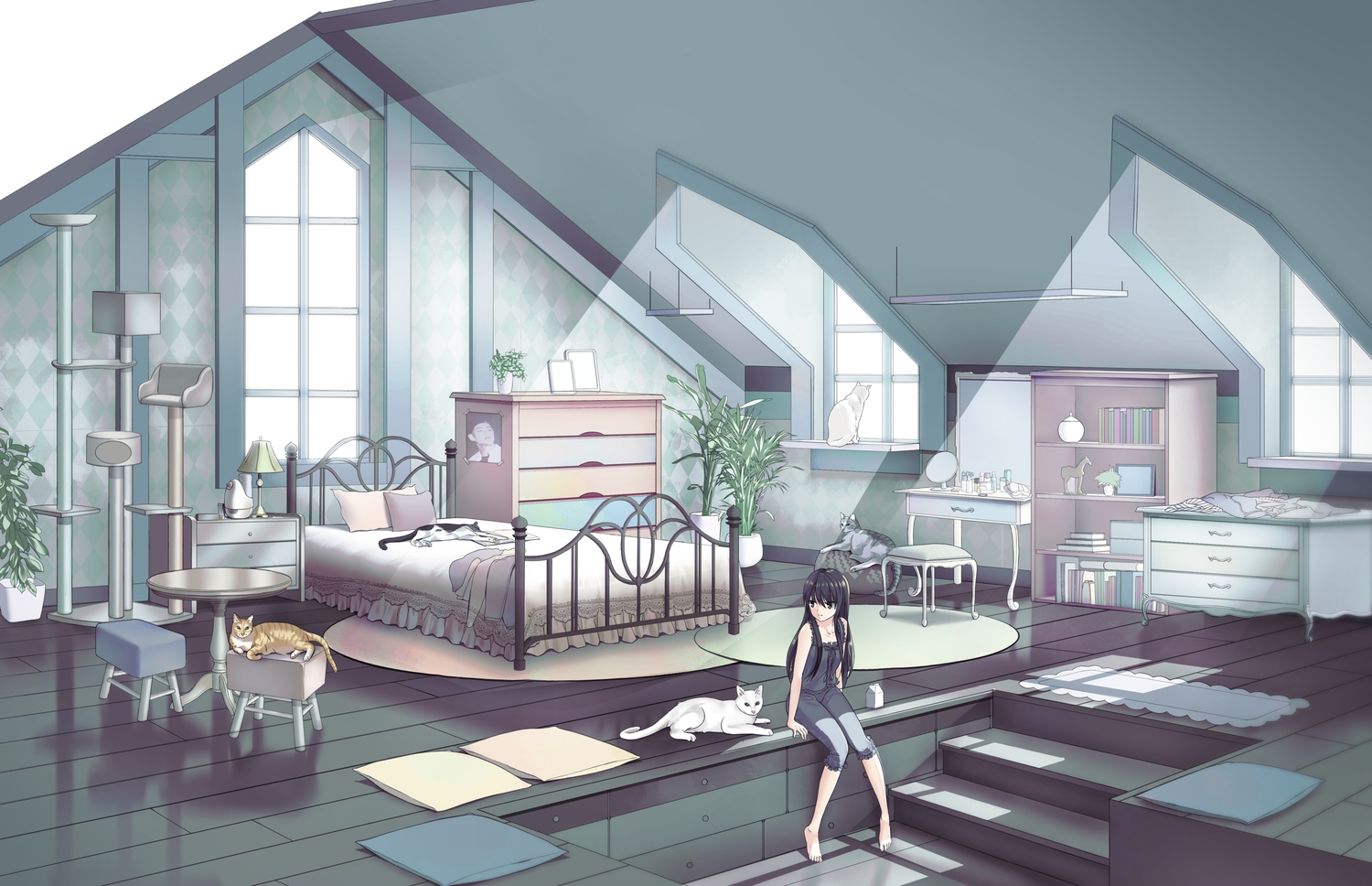 animal, barefoot, bed, black_eyes, black_hair, book, cat, gonzz_(gon2rix)
