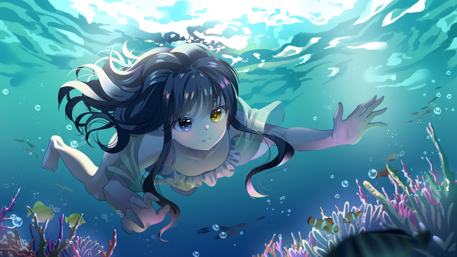 animal, barefoot, bicolored_eyes, black_hair, bubbles, fish, gonzz_(gon2rix), long_hair, original, underwater, water