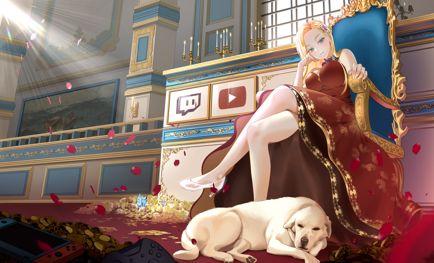 animal, blonde_hair, blue_eyes, dog, dress, game_console, gonzz_(gon2rix), long_hair
