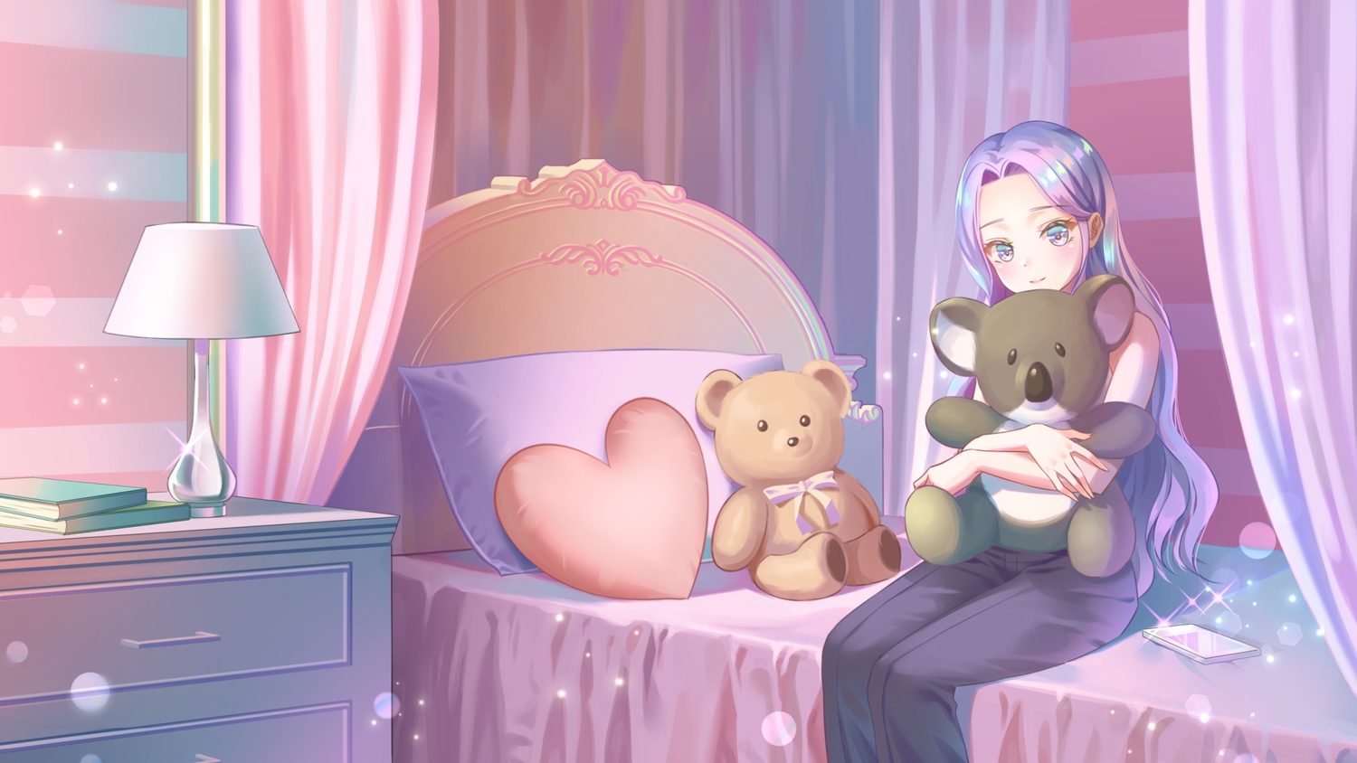 bed, book, gonzz_(gon2rix), long_hair, original, phone, teddy_bear