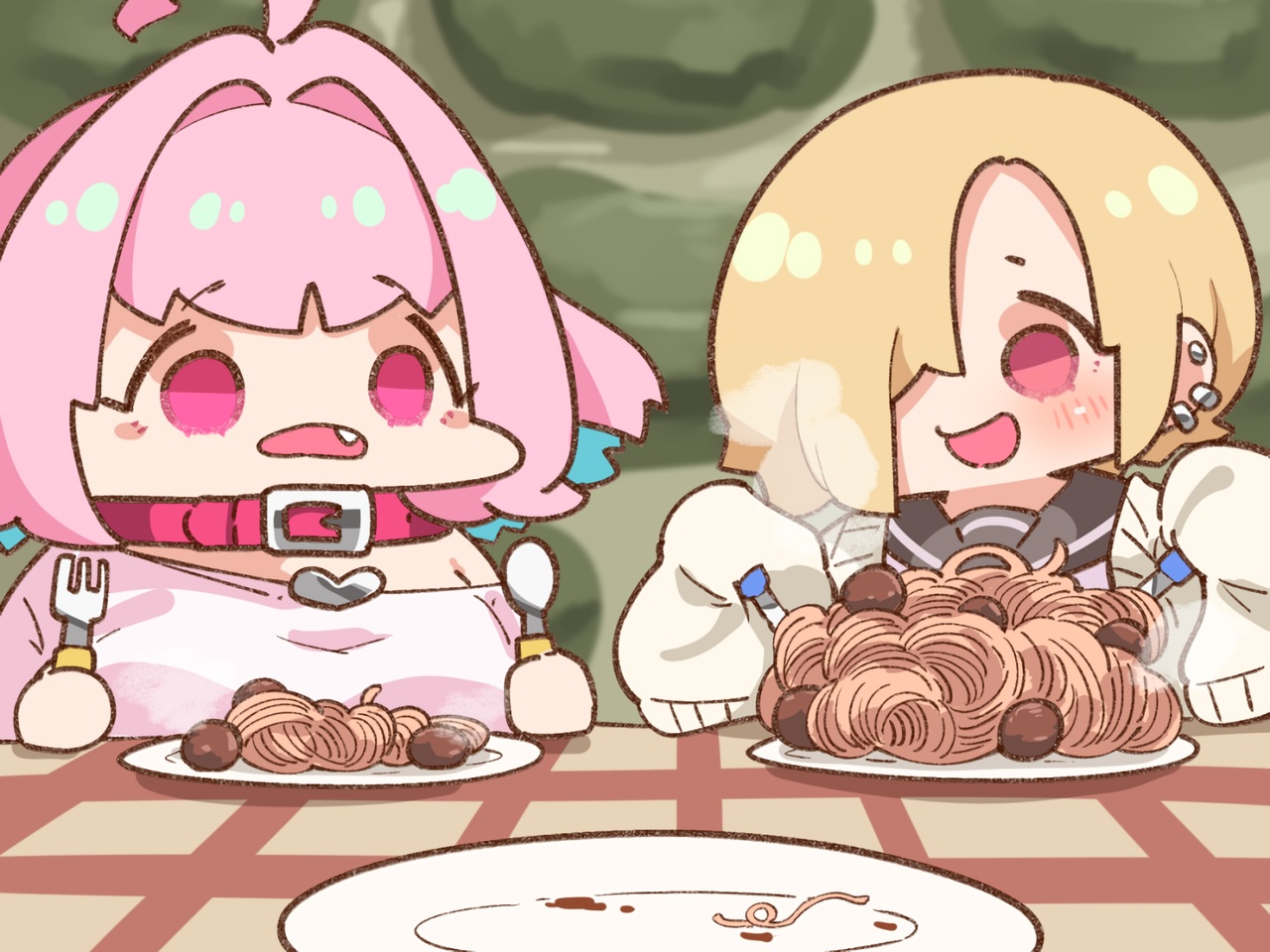 2girls, blonde_hair, blush, chibi, collar, cropped, fang, food