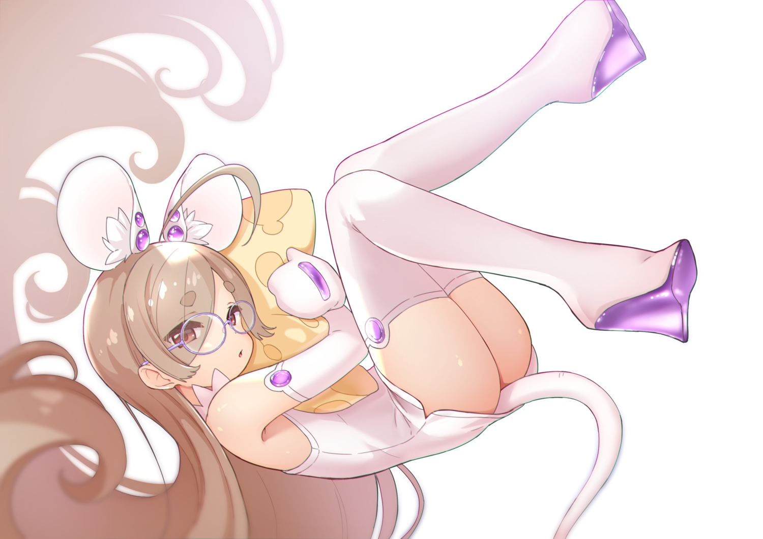 animal_ears, boots, brown_hair, dress, elbow_gloves, glasses, gloves, jigatei_(omijin), loli, long_hair, mousegirl, original, red_eyes, tail, thighhighs, third-party_edit, white