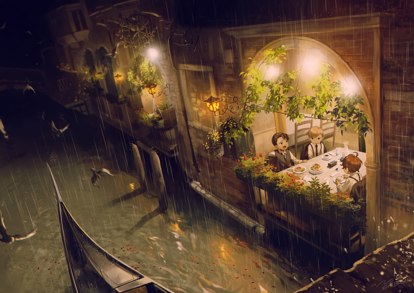 all_male, animal, bird, black_eyes, blonde_hair, boat, brown_hair, building, city, drink, flowers, food, leaves, male, night, noeyebrow_(mauve), original, rain, scenic, shirt, short_hair, signed, tie, water
