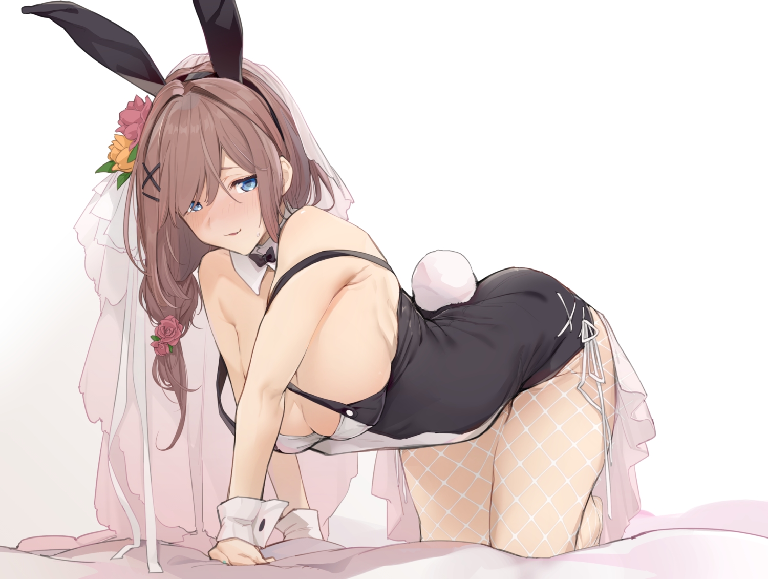 animal_ears, blue_eyes, braids, breasts, brown_hair, bunny_ears, bunnygirl, cat_smile, cleavage, flowers, headband, leotard, long_hair, nijisanji, no_bra, ponytail, rose, suzuhara_lulu, tail, uno_ryoku, white, wristwear