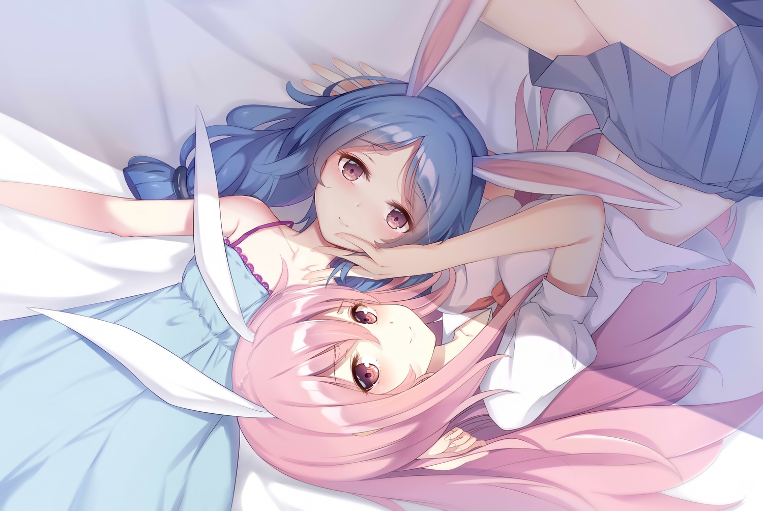 2girls, animal_ears, blue_hair, bunny_ears, bunnygirl, long_hair, p-a-cheng, pink_eyes
