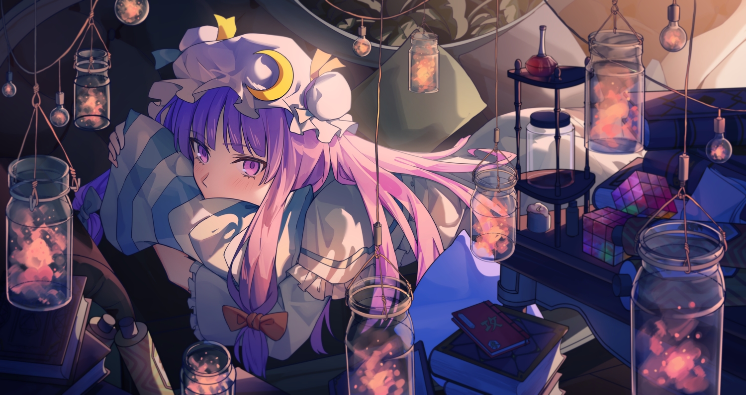 book, long_hair, patchouli_knowledge, purple_eyes, purple_hair, ribbons, touhou, twintails
