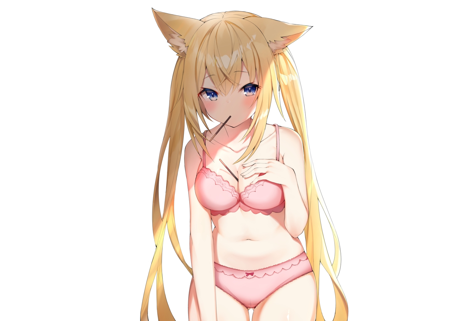 animal_ears, blonde_hair, bra, food, long_hair, navel, original, panties, pocky, rui_p, twintails, underwear, white