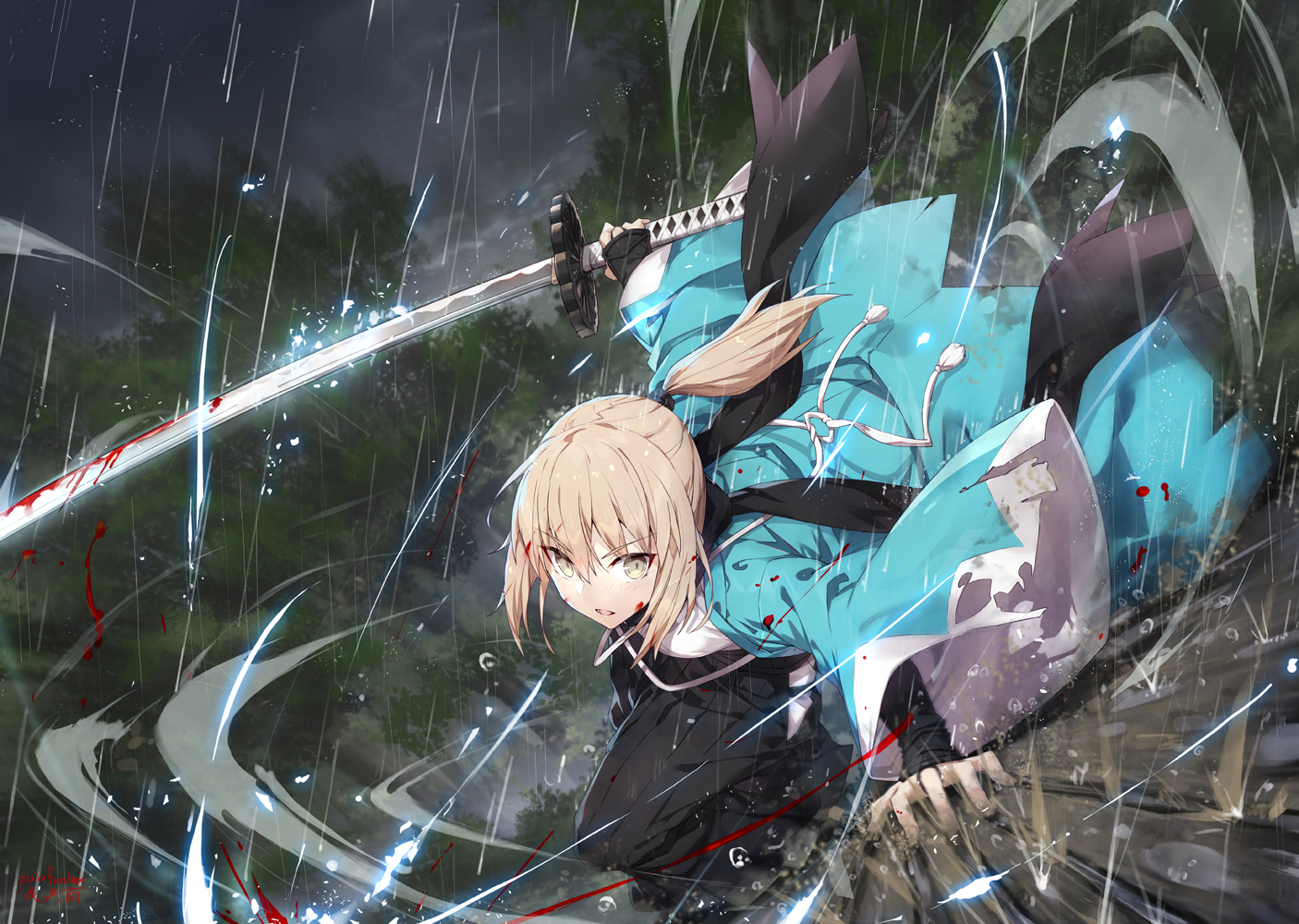 blonde_hair, blood, fate/grand_order, fate_(series), gabiran, japanese_clothes, okita_souji_(fate), orange_eyes