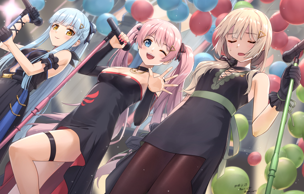 blonde_hair, dress, ensemble_girls!, long_hair, microphone, pantyhose, pink_hair, ponytail, sarasa_(kanbi), signed, tagme_(character), twintails, wink