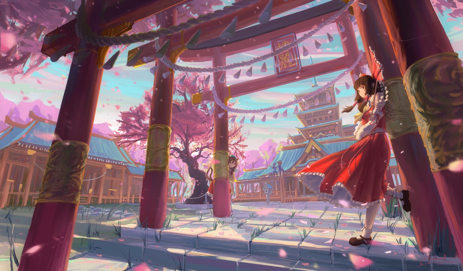 bow, brown_eyes, brown_hair, building, chen, cherry_blossoms, cirno, dress