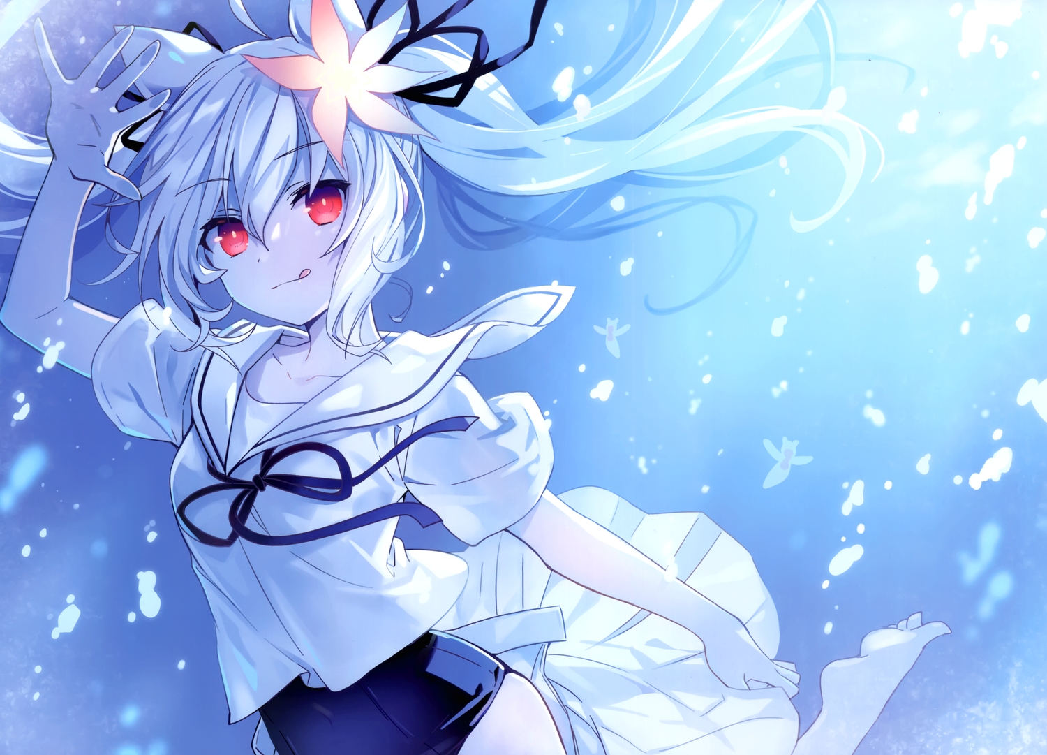 animal_ears, barefoot, long_hair, original, red_eyes, scan, school_uniform, tsunako