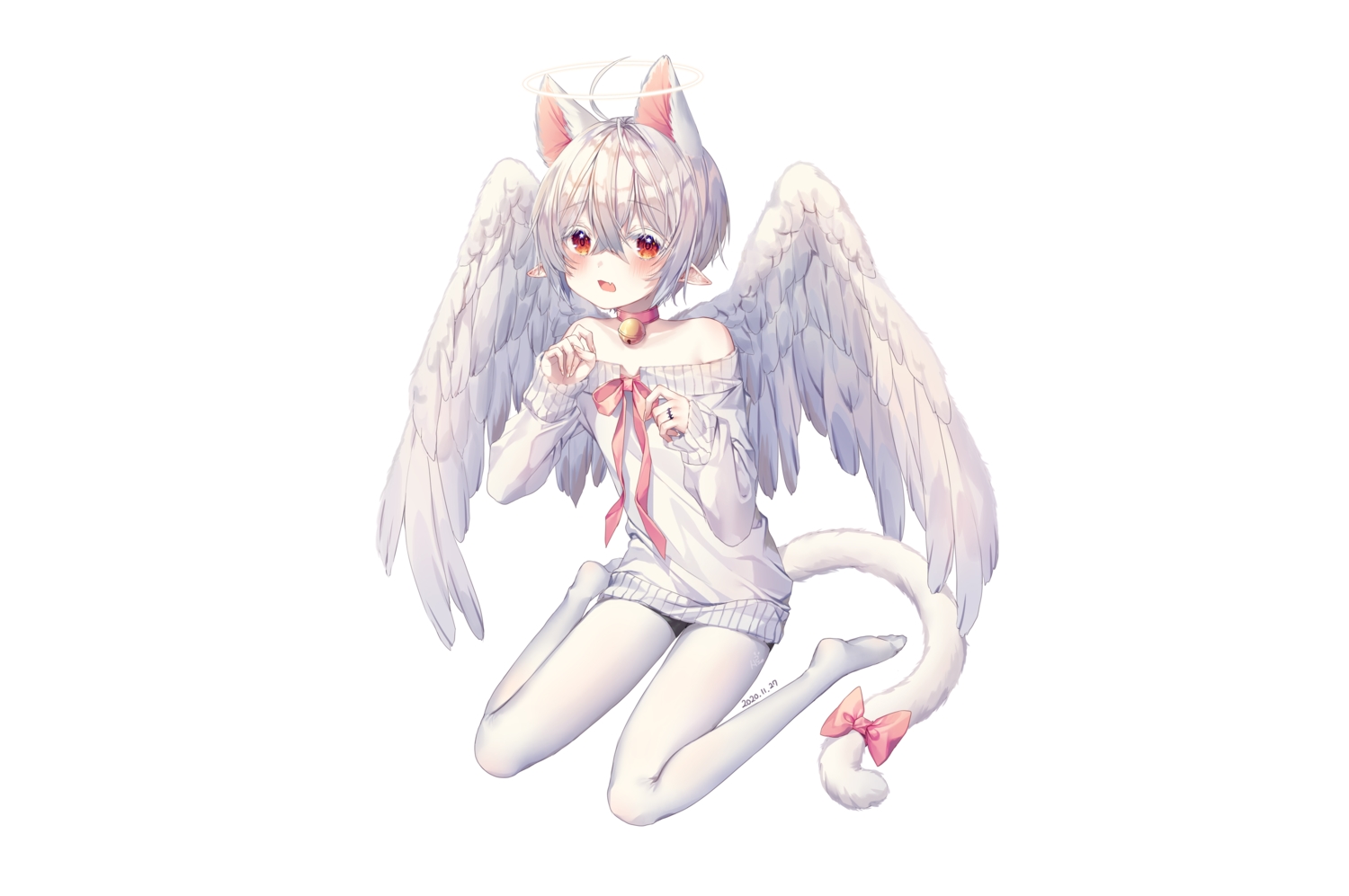 all_male, angel, animal_ears, bell, blush, bow, catboy, collar