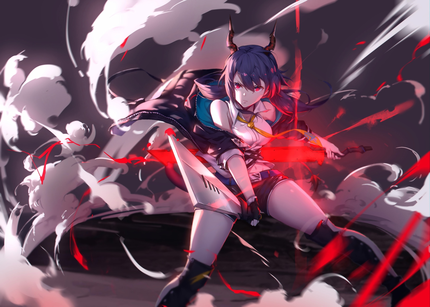 arknights, blue_hair, boots, ch'en_(arknights), horns, long_hair, red_eyes, shorts