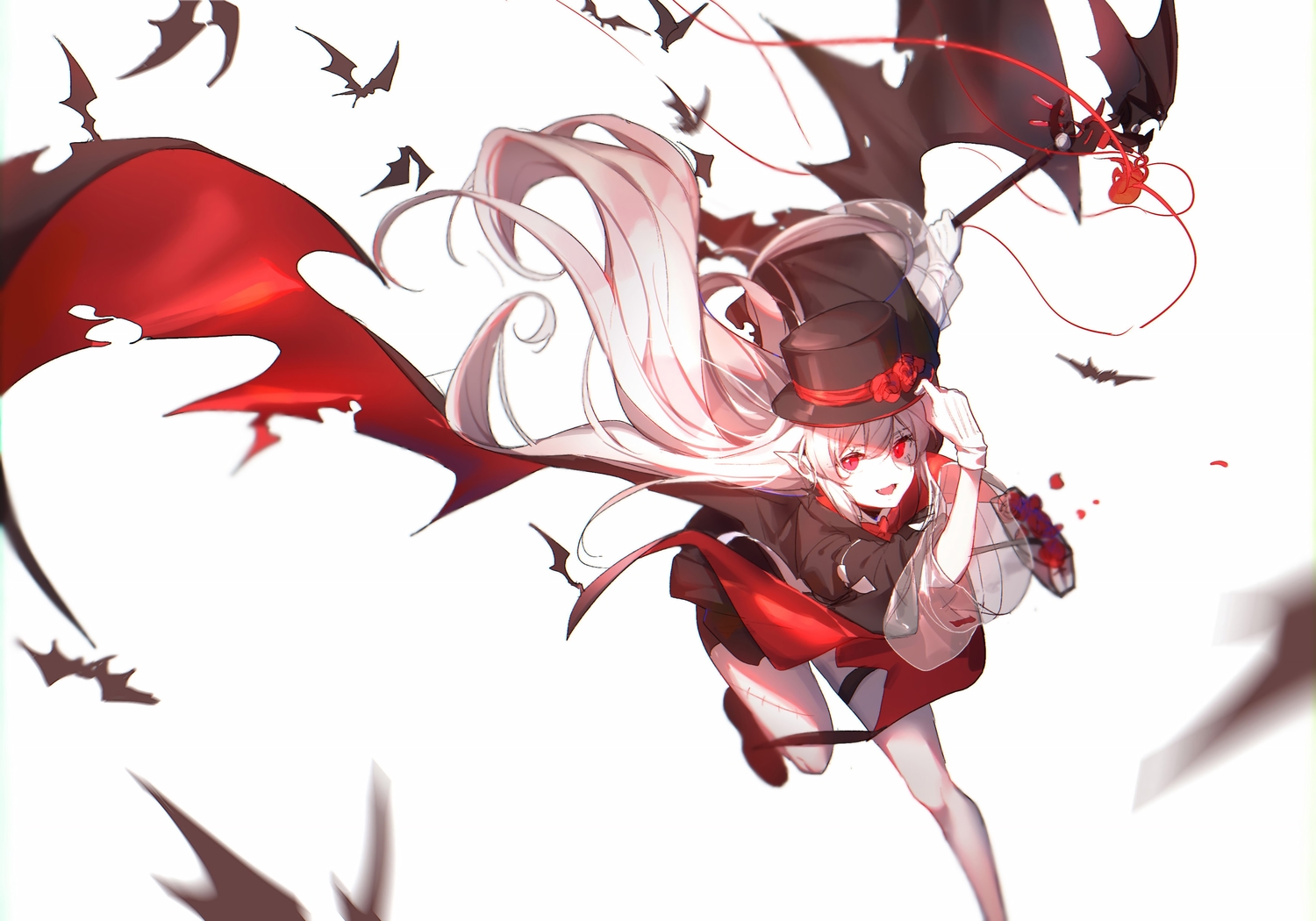 arknights, fang, gloves, hat, long_hair, pointed_ears, red_eyes, vampire