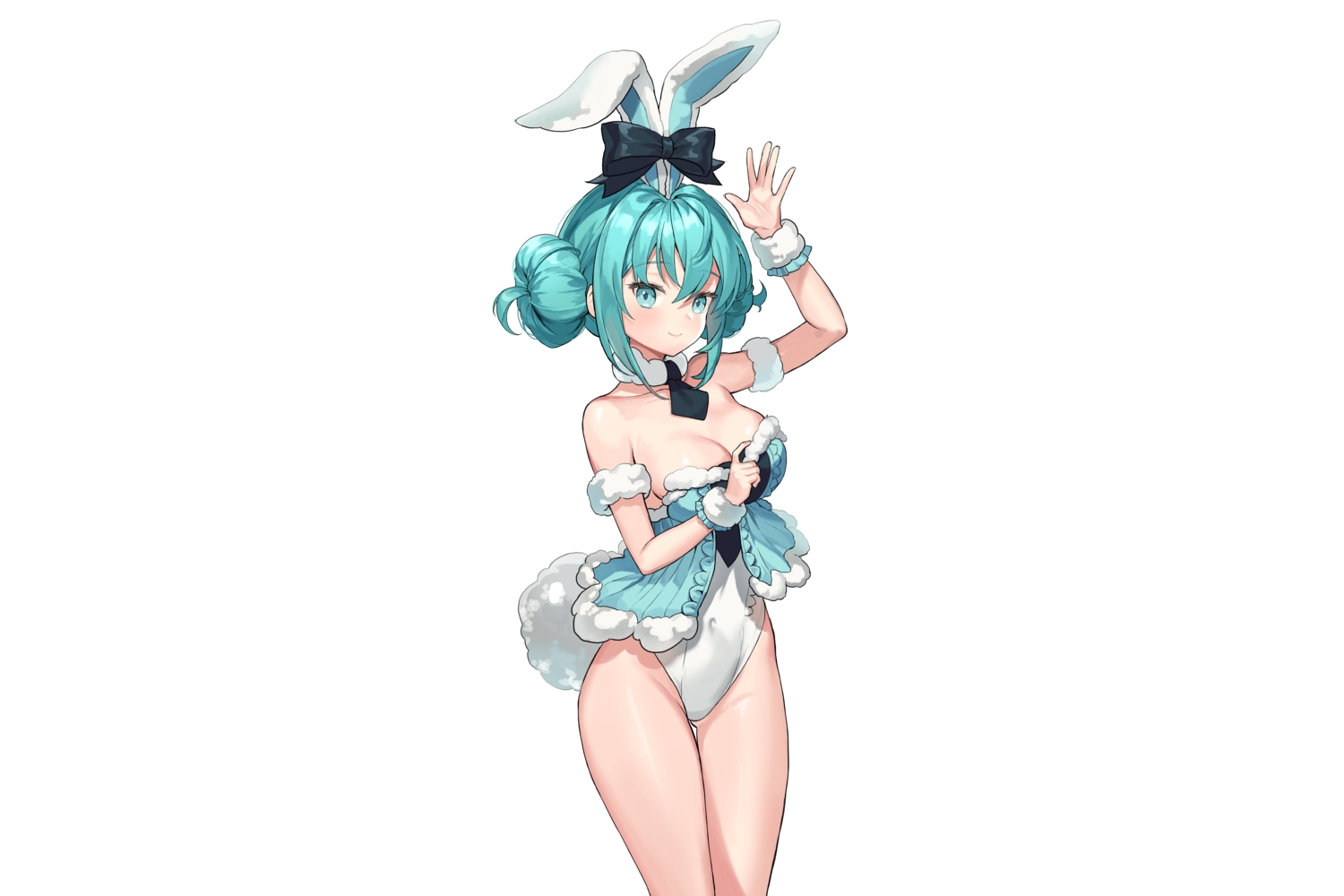 animal_ears, aqua_eyes, aqua_hair, bow, breasts, bunny_ears, bunnygirl, cleavage, hatsune_miku, hyoin, leotard, tail, third-party_edit, vocaloid, white, wristwear