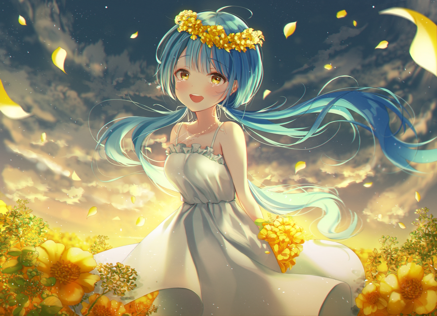 aqua_hair, blush, clouds, crying, dress, flowers, ia_(ia_ju72), long_hair, necklace, original, petals, sky, summer_dress, sunset, tears, twintails, yellow_eyes