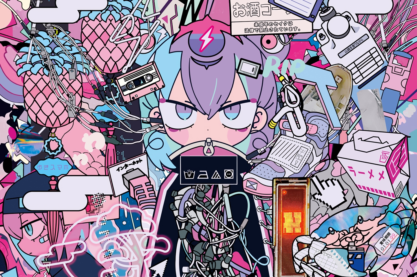 animal, bandaid, crab, original, polychromatic, purple_hair, short_hair, techgirl, teracoot, waifu2x