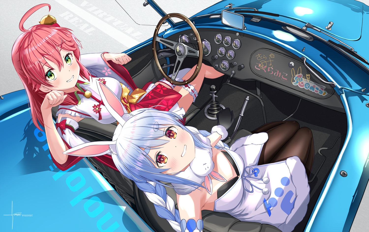 2girls, animal_ears, bell, blue_hair, blush, braids, brown_eyes, bunny_ears, bunnygirl, car, garter, gloves, green_eyes, hinazuki_maara, hololive, japanese_clothes, miko, pantyhose, pink_hair, sakura_miko, short_hair, signed, thighhighs, twintails, usada_pekora, watermark