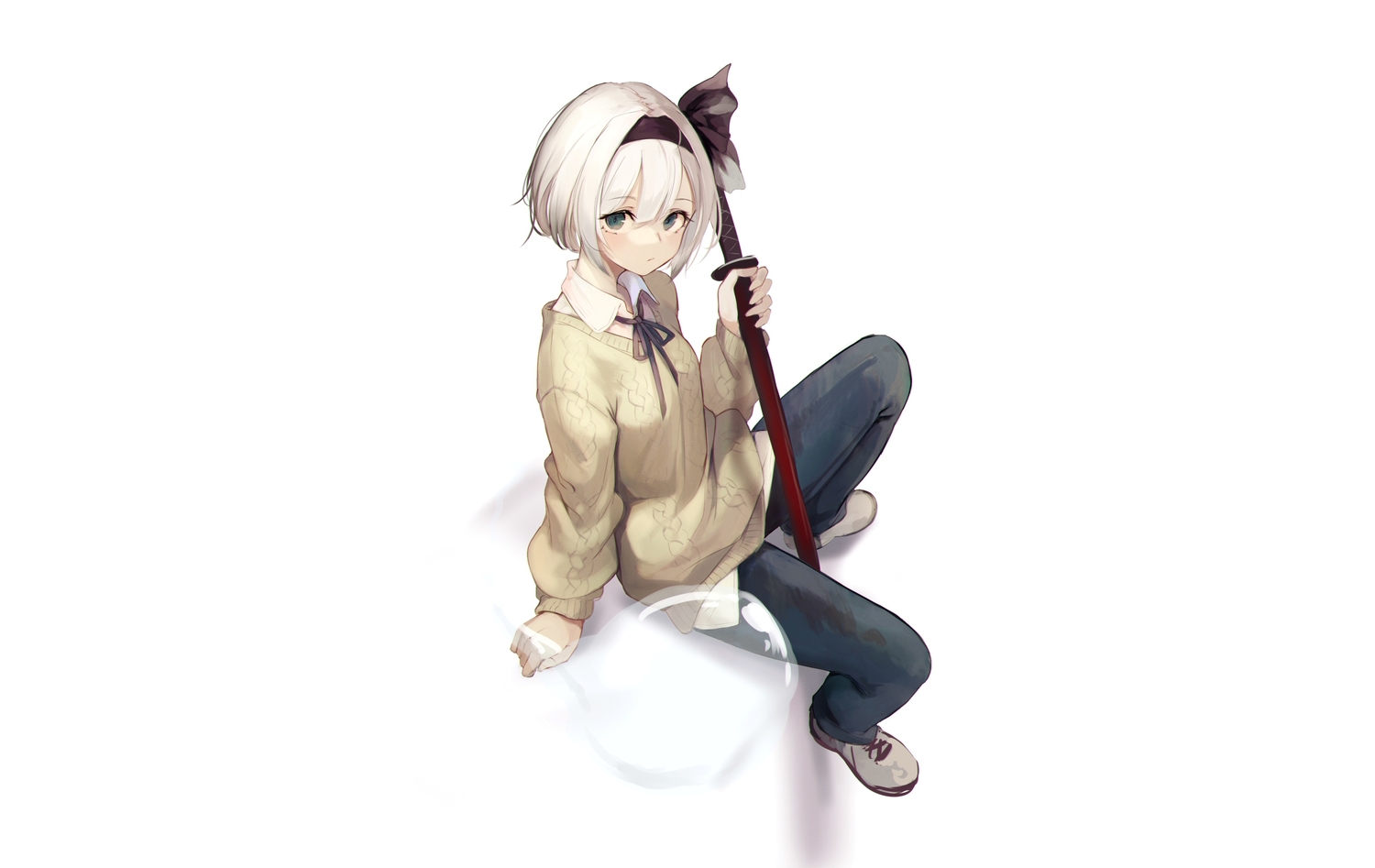 green_eyes, headband, homo_1121, katana, konpaku_youmu, myon, shirt, short_hair