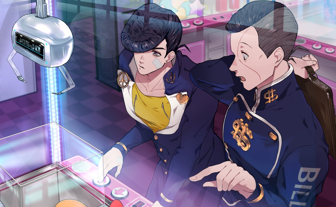 all_male, bandage, black_hair, higashikata_josuke, jojo_no_kimyou_na_bouken, male, nijimura_okuyasu, reflection, sato_minato, school_uniform, short_hair