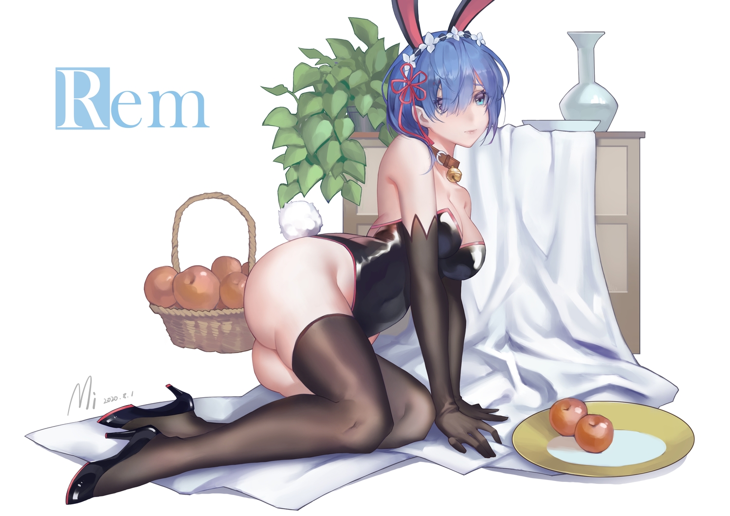 animal_ears, apple, aqua_eyes, ass, bell, blue_hair, breasts, bunny_ears, bunnygirl, cleavage, collar, elbow_gloves, food, fruit, gloves, leotard, mi_(630956686), rem_(re:zero), re:zero_kara_hajimeru_isekai_seikatsu, short_hair, signed, tail, thighhighs