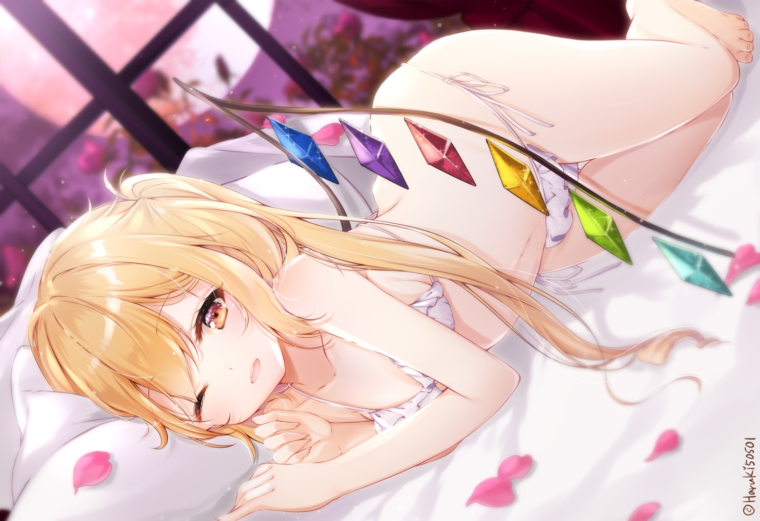 bed, blonde_hair, bra, flandre_scarlet, haruki_5050, long_hair, touhou, underwear, vampire, wings, wink