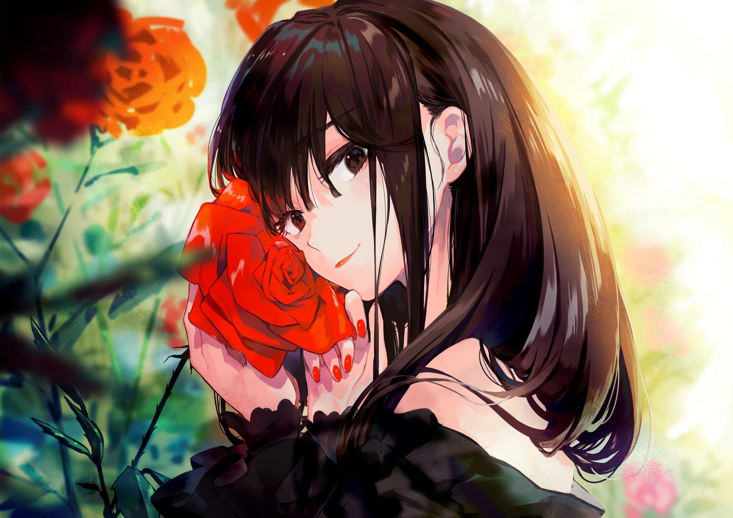 amana_(pocketkey), black_eyes, black_hair, close, flowers, long_hair, original, rose