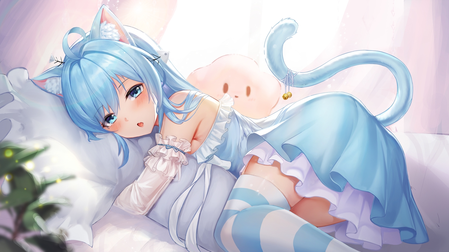 animal_ears, aqua_eyes, aqua_hair, bed, bell, catgirl, dress, fang, original, sramy, tail, thighhighs