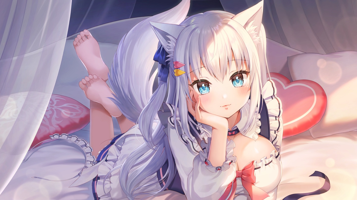 animal_ears, aqua_eyes, barefoot, bed, breasts, cleavage, long_hair, momoshiki_tsubaki, noripro, shirayuki_mishiro