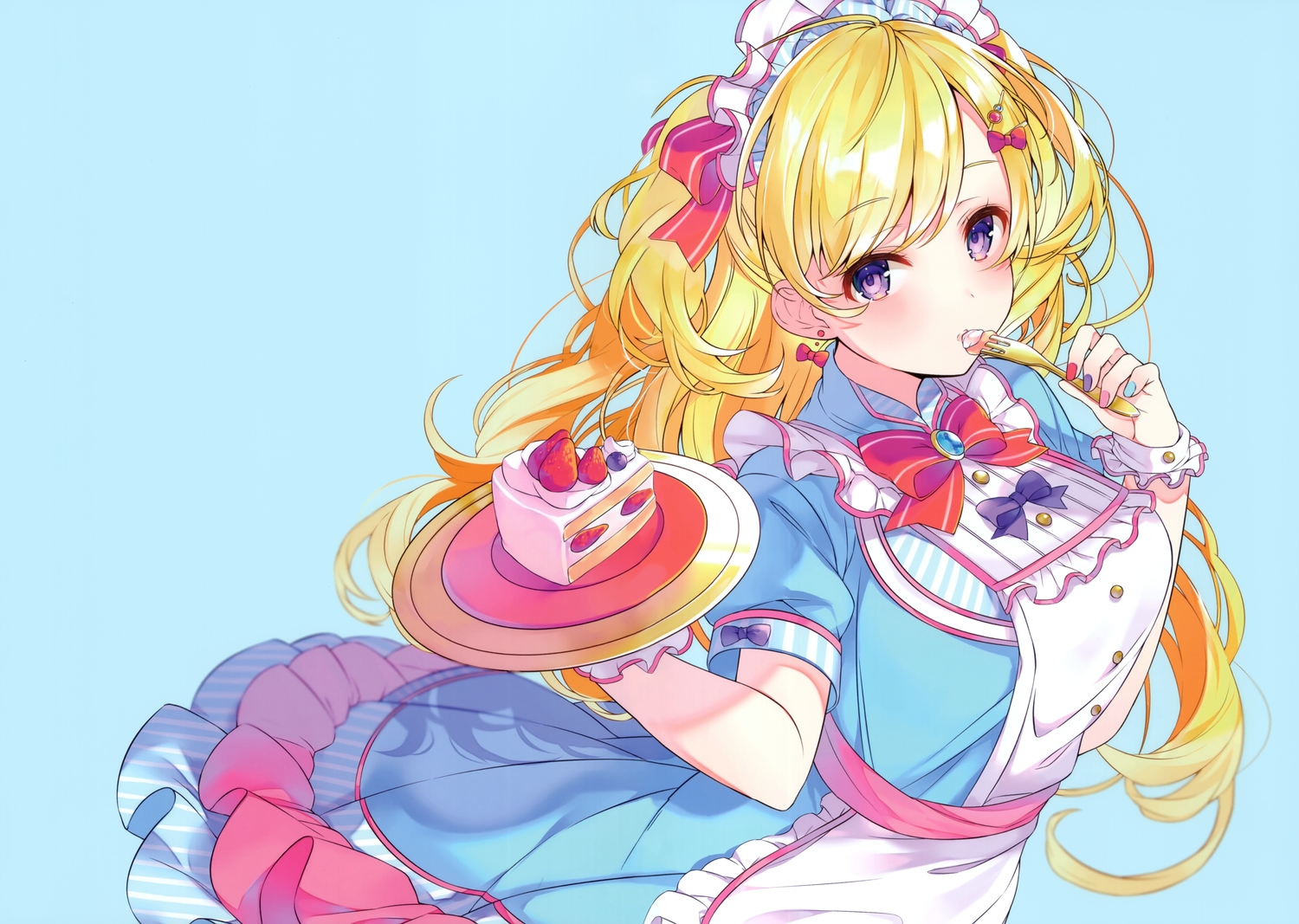 animal, apron, blonde_hair, cake, food, fruit, headdress, lolita_fashion