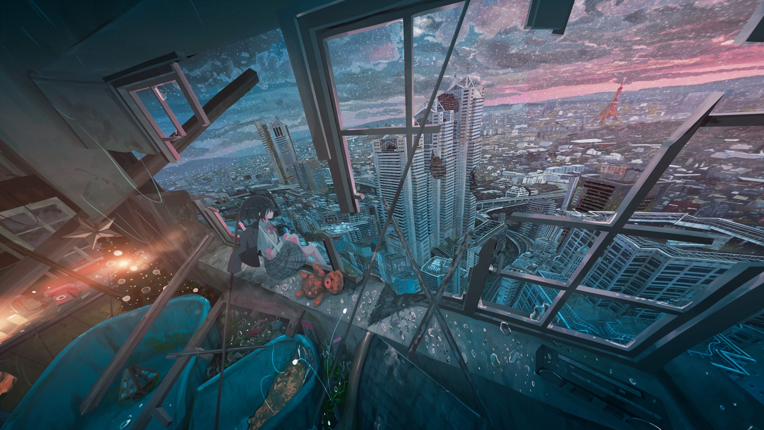 bandage, banishment, black_hair, building, cape, christmas, city, clouds