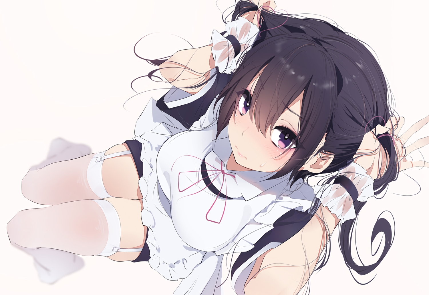 black_hair, garter_belt, katuo1129, long_hair, maid, original, purple_eyes, stockings