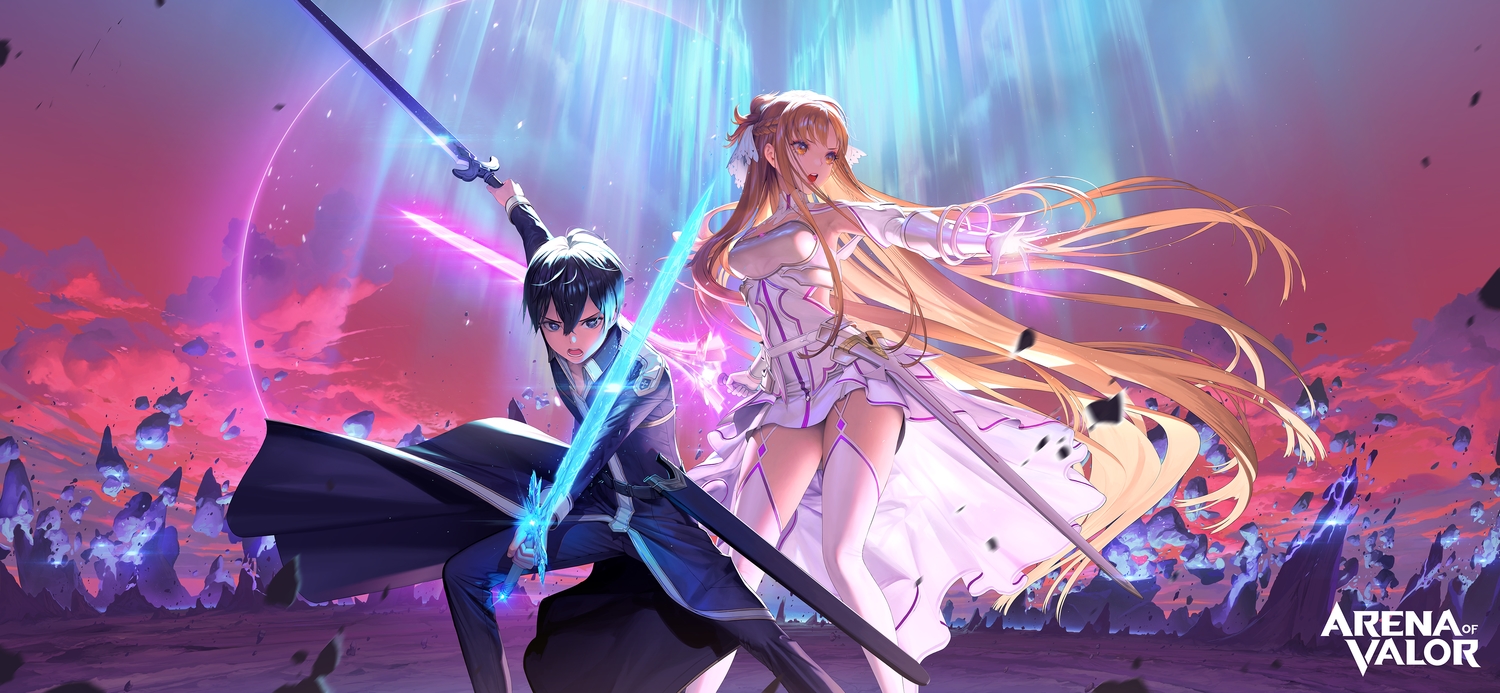 arena_of_valor, armor, black_eyes, black_hair, braids, brown_hair, clouds, crossover, dress, elbow_gloves, garter_belt, gloves, hyulla_(nightmadness), kirigaya_kazuto, long_hair, magic, male, orange_eyes, short_hair, skintight, sky, stockings, sword, sword_art_online, sword_art_online_alicization, weapon, yuuki_asuna