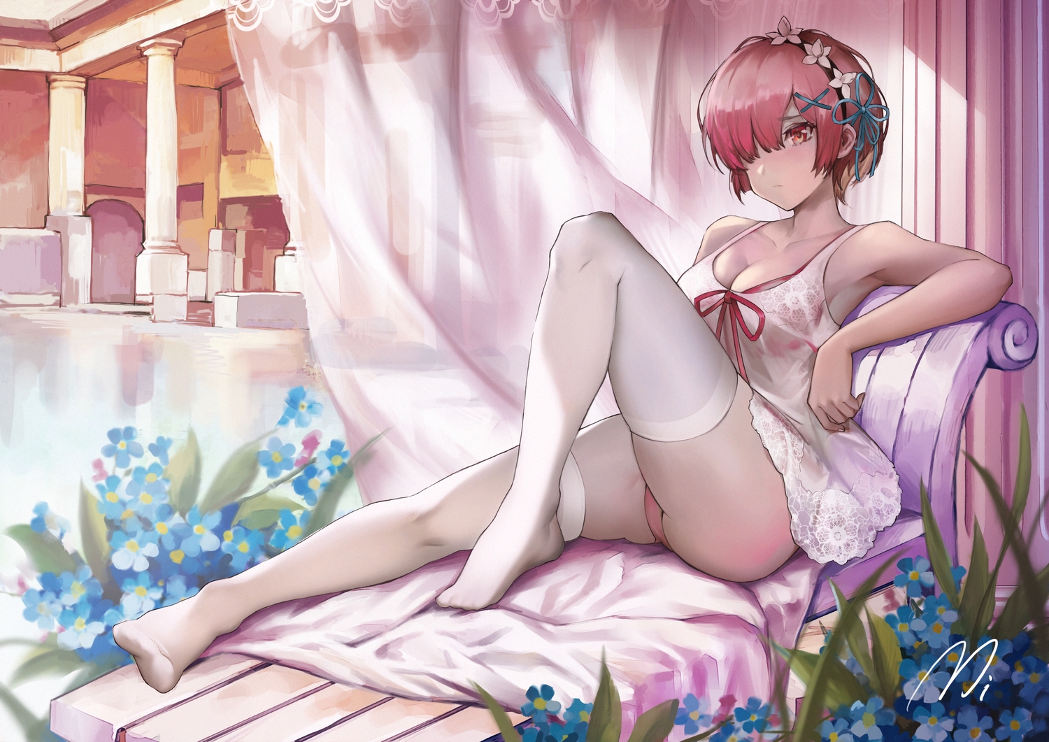 flowers, headband, mi_(630956686), panties, pink_hair, ram_(re:zero), re:zero_kara_hajimeru_isekai_seikatsu, see_through, short_hair, signed, thighhighs, underwear