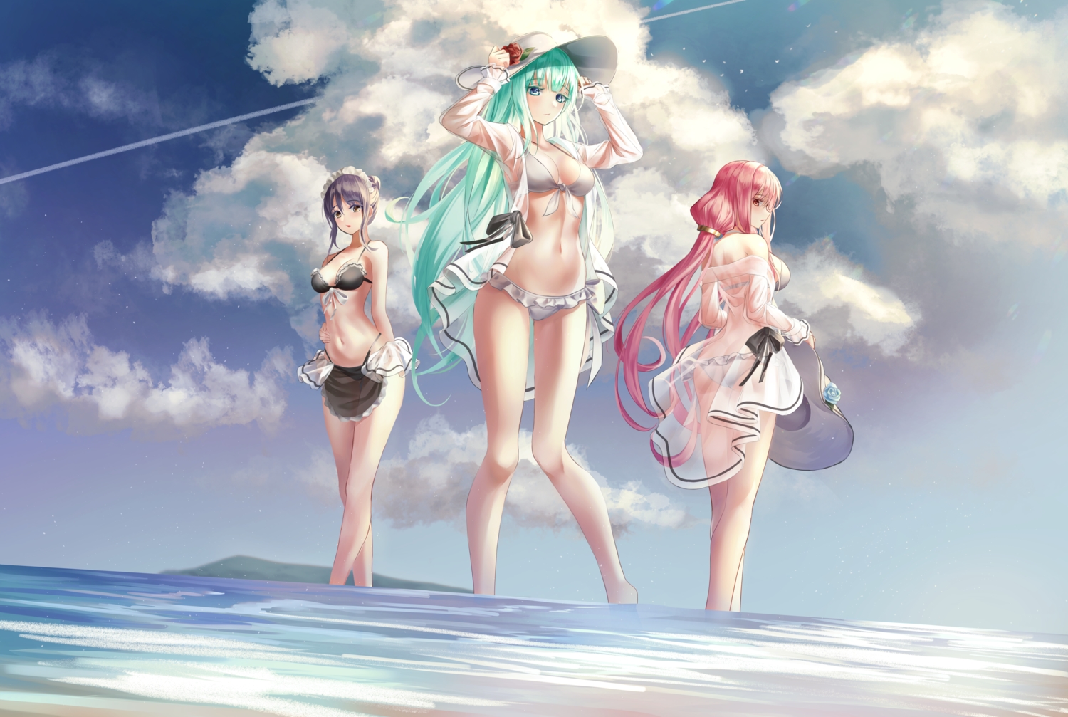bikini, clouds, open_shirt, original, prothymos, see_through, sky, swimsuit