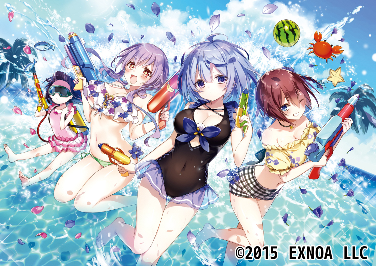 aliasing, anthropomorphism, bikini, blue_hair, breasts, brown_hair, cleavage, clouds, emia_(castilla), flower_knight_girl, food, fruit, group, gun, ipheion_(flower_knight_girl), kanhizakura_(flower_knight_girl), loli, mizuaoi_(flower_knight_girl), navel, purple_hair, sky, statice_(flower_knight_girl), swimsuit, tree, water, watermelon, weapon, wink