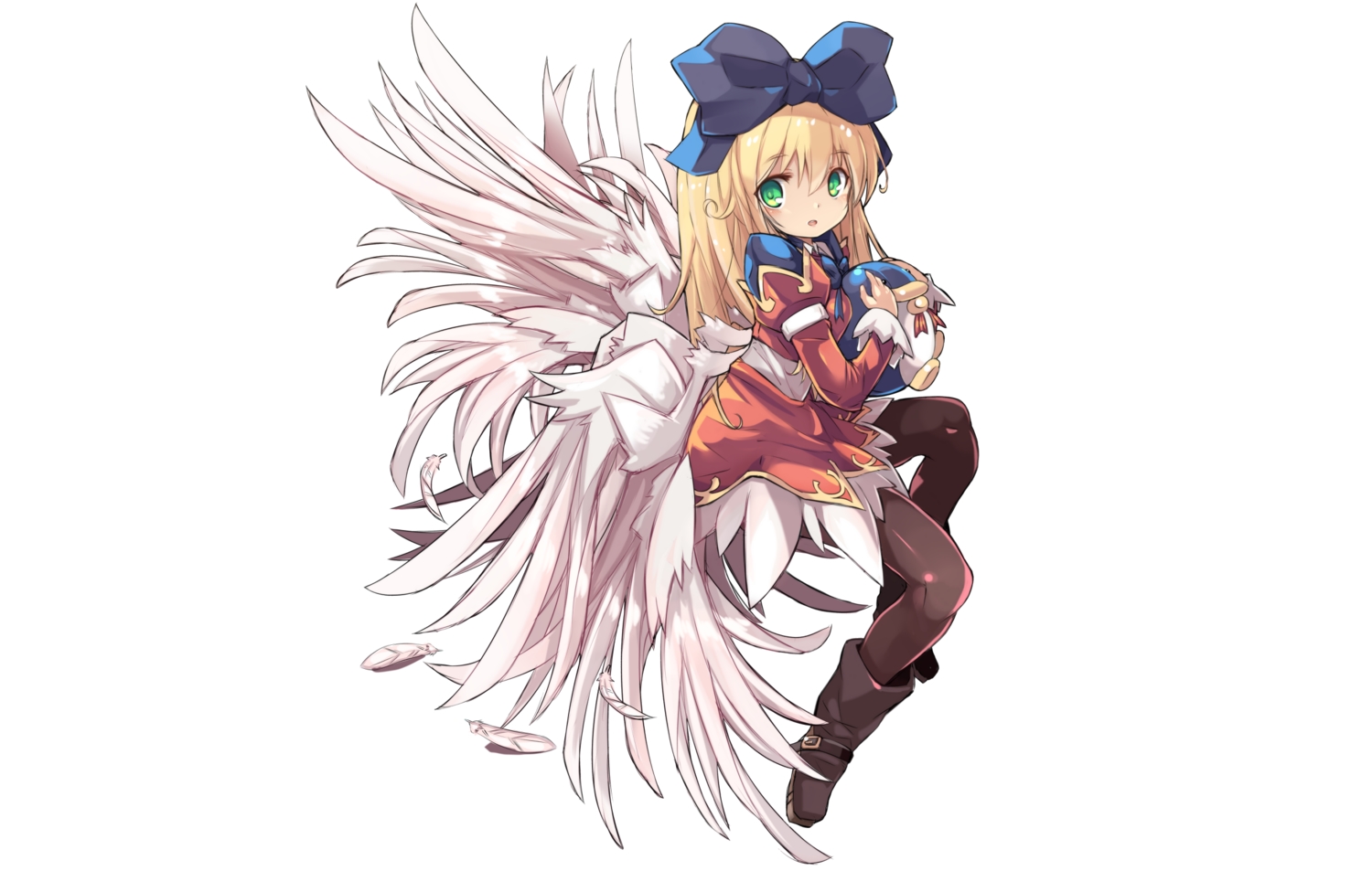 blonde_hair, boots, bow, dress, feathers, green_eyes, headband, karukan_(monjya)