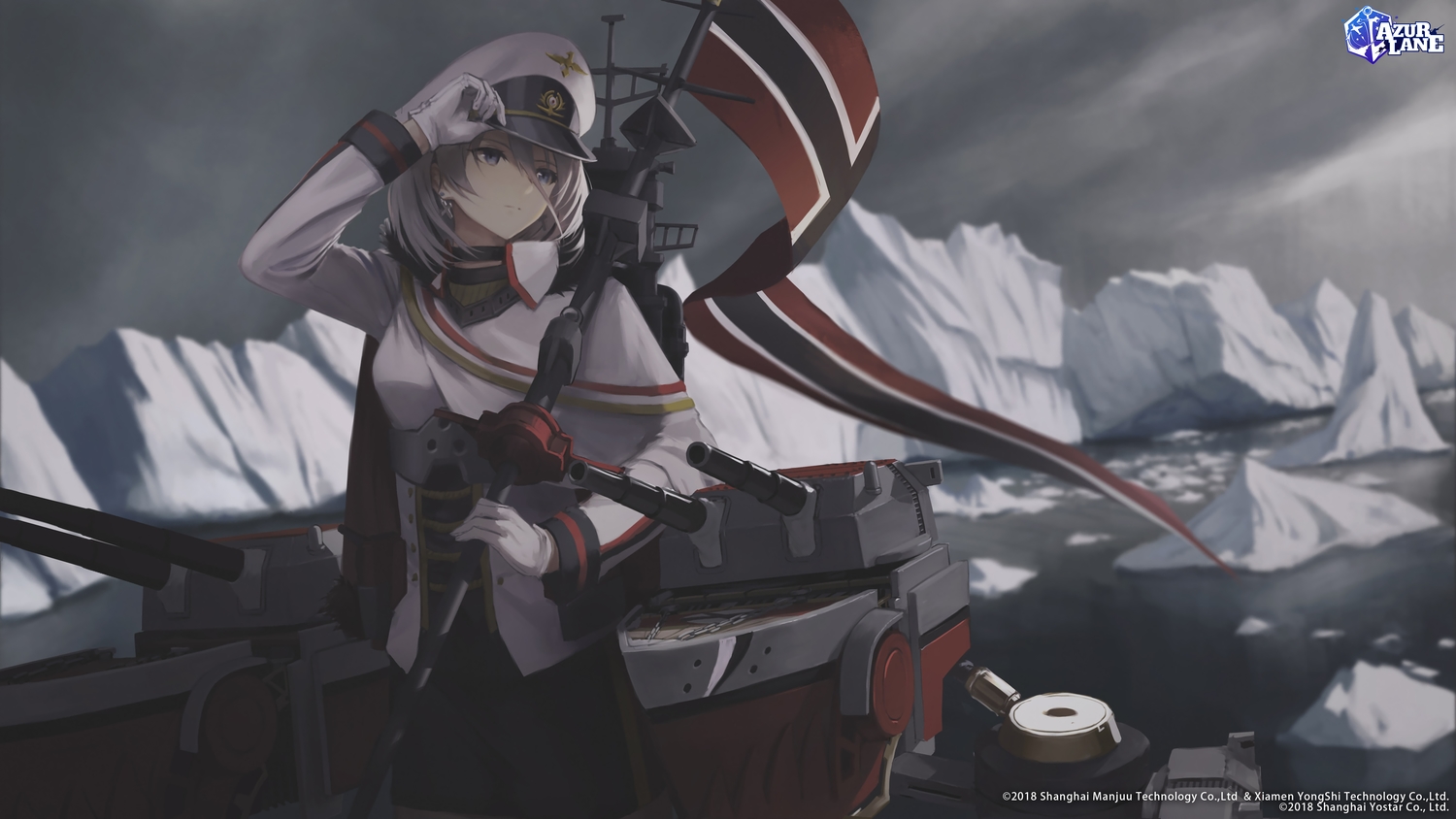 anthropomorphism, azur_lane, clouds, gloves, gray_hair, hara_shoutarou, hat, logo