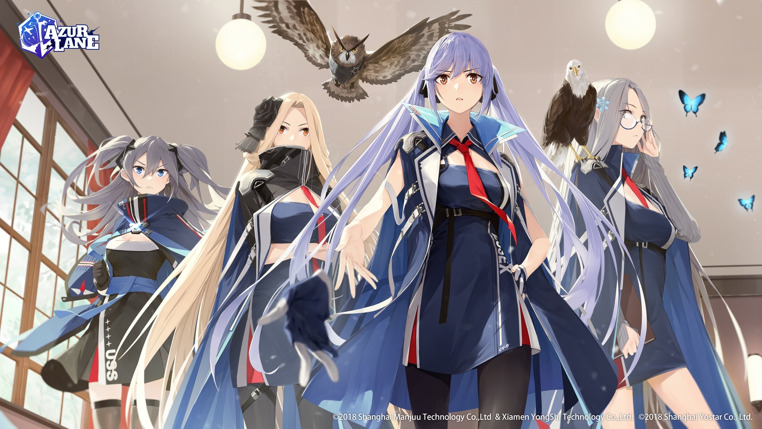 animal, anthropomorphism, azur_lane, bird, blue_eyes, blue_hair, bunker_hill_(azur_lane), essex_(azur_lane), glasses, gloves, gray_hair, group, intrepid_(azur_lane), logo, long_hair, owl, pantyhose, shangri-la_(azur_lane), somehira_katsu, thighhighs, twintails, uniform