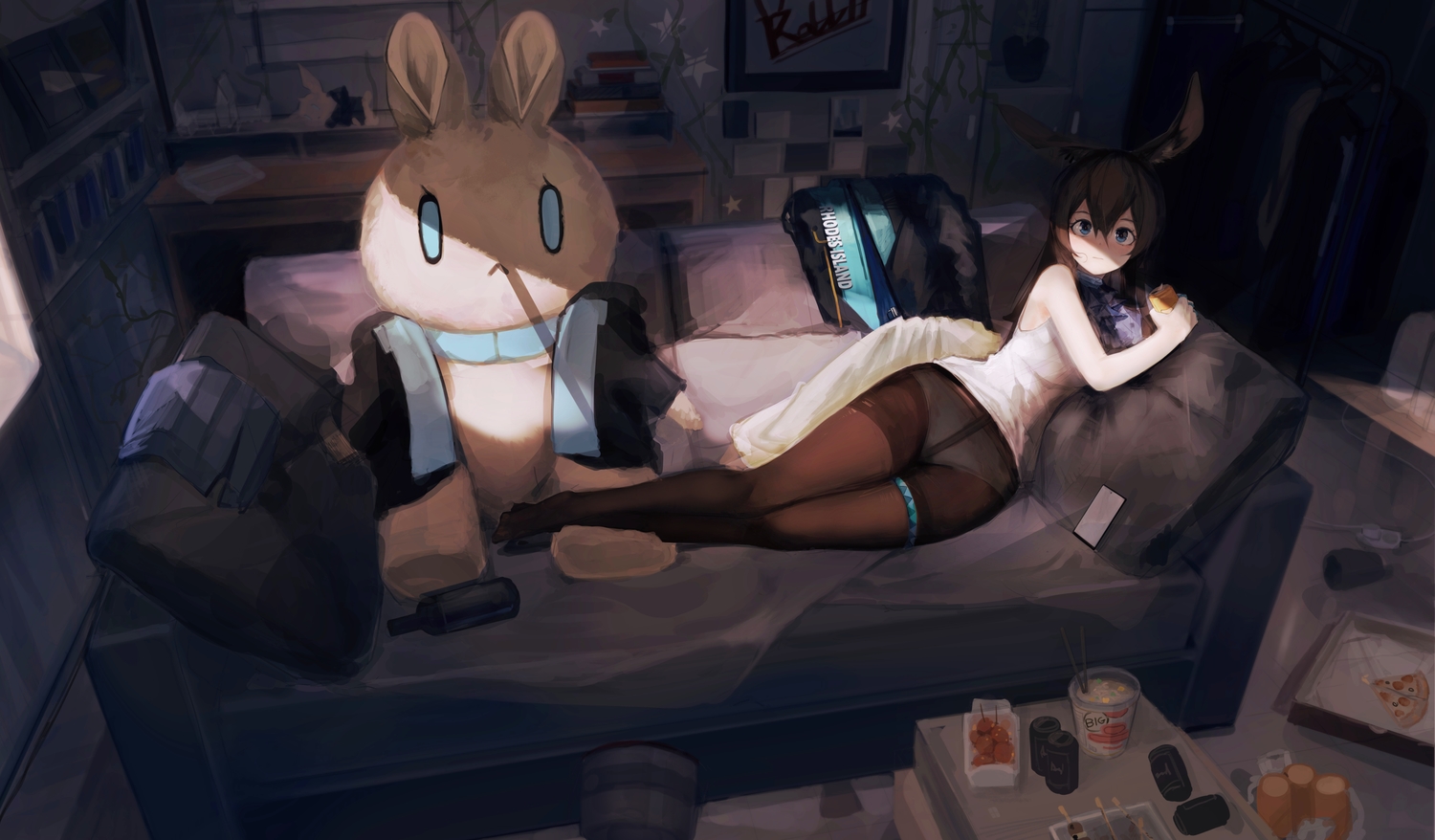 amiya_(arknights), animal_ears, arknights, blue_eyes, brown_hair, bunny_ears, bunnygirl, food, long_hair, pantyhose, timitarcat